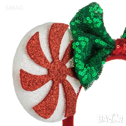 Коледна диадема с ушички, бели пайети, червена брокатена панделка и зеленичервени пайети_1242802, снимка 2 - Шноли, диадеми, ленти - 52706863
