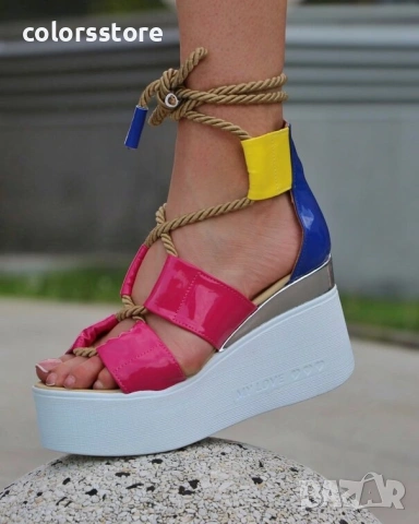 Сандали на платформа - циклама, синьо и жълто лак - 311

