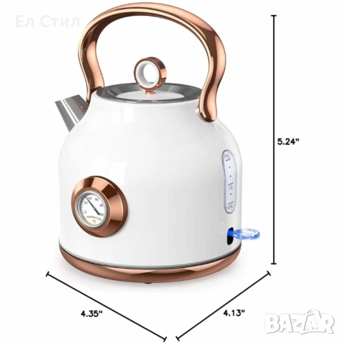 Електрически чайник от неръждаема стомана с ретро термометър–1.7 L, 2200W, снимка 6 - Други - 53589861