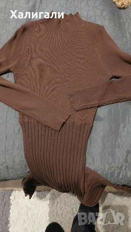 Дълга рокля от фино плетиво в шоколадово кафяво., снимка 2 - Рокли - 53273074
