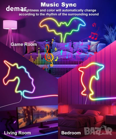 Неонова въжена светлина Daymeet, 5M RGBICW LED лента, дистанционно, IP67, USB, снимка 5 - Лед осветление - 50474541