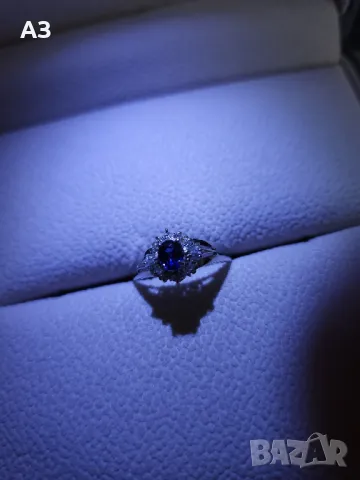 Пръстен с естествен сапфир и диаманти, снимка 3 - Пръстени - 47753520