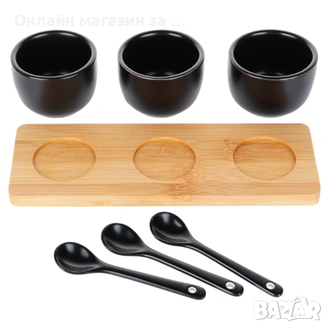Комплект от 3 керамични купи с лъжици върху бамбуков поднос, 21,5x6,5x5,5 см, черни 139686, снимка 7 - Прибори за хранене, готвене и сервиране - 53230864