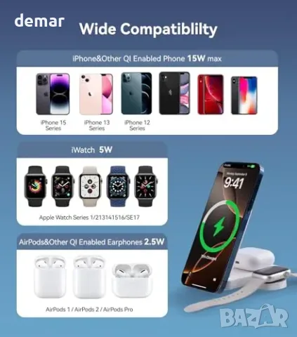 INMOZATA 3-в-1 магнитна безжична зарядна станция 15W за телефон, Apple Watch и AirPods, снимка 4 - Безжични зарядни - 55849765