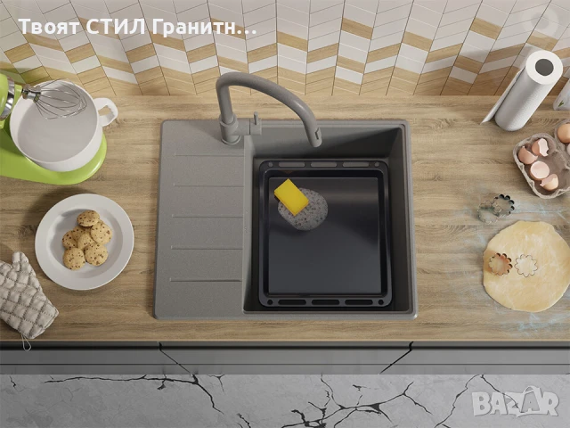 Сива кухненска гранитна мивка Копенхаген 50 Top 620х500, снимка 7 - Мивки - 51299481