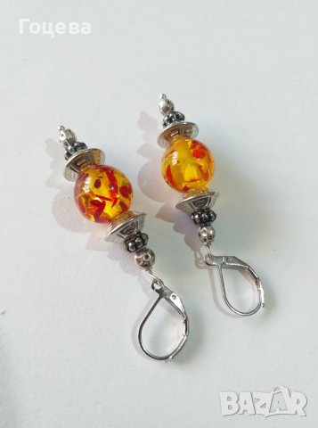 Разкошни Кехлибарени Арт обици с красиви сребристи орнаменти, снимка 2 - Обеци - 41098836