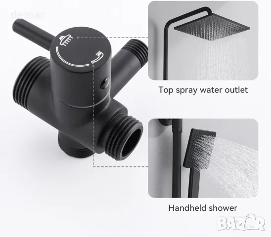 Комплект душ с регулируема релса DERW, с квадратна глава тип „Rainfall“ 25 см, черен, снимка 4 - Душове - 49987959