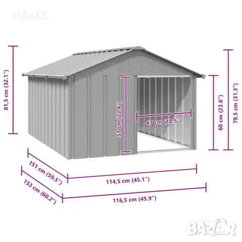 vidaXL Кучешка къща сива 116,5x153x81,5 см поцинкована стомана, снимка 9 - За кучета - 56146340