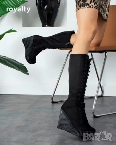 Ботуши на платформа - черен велур с черно ходило