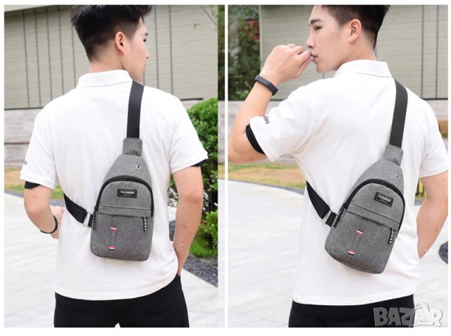 Мъжка чанта, чантичка за пред гърди чанта през рамо, или гръб, черна и сива с отвор за кабел, раница, снимка 5 - Чанти - 41435936