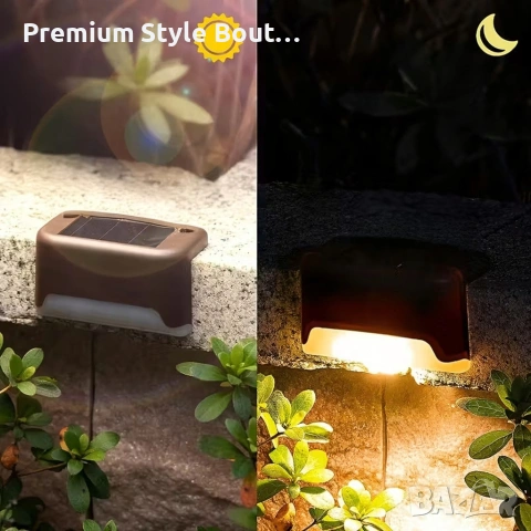 Комплект от 4 броя соларни LED лампи за стълби и огради – Водоустойчиви IP44, топла светлина, снимка 5 - Лед осветление - 53833193