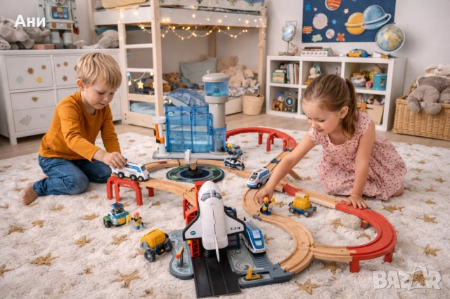 Нов влак с дървени релси, железница,космическа станция с ракета , снимка 2 - Влакчета, самолети, хеликоптери - 53614854