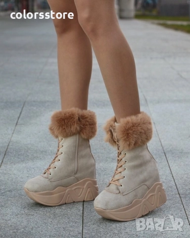 Боти на платформа - бежов велур с бежов пух - BPH1 , снимка 2 - Дамски боти - 51915344