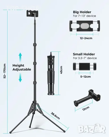 Стойка за телефон и таблет, 170 см статив с дистанционно управление, за 3,5-13" и чанта за носене, снимка 6 - Селфи стикове, аксесоари - 49938046