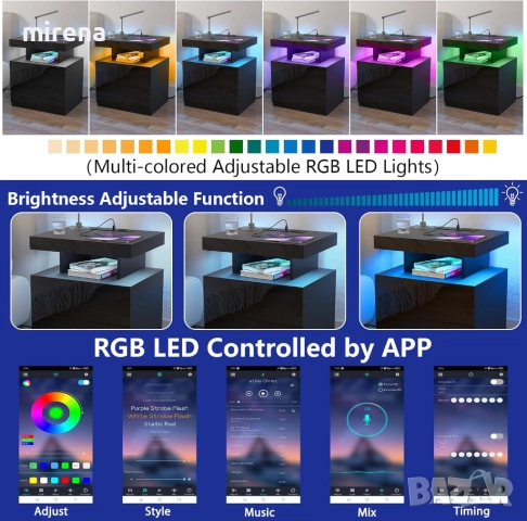 Нощно шкафче лед LED 2 контакта, 2 USB портове, модерно нощно шкафче, снимка 4 - Шкафове - 52240487