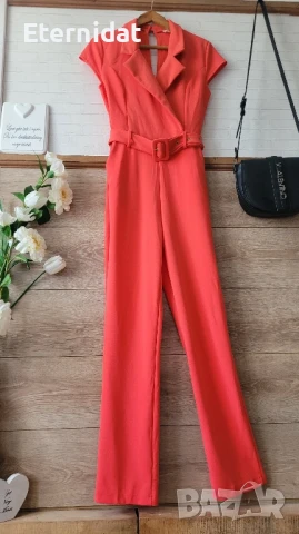 Елегантен гащеризон цвят корал с коланче и джобове , снимка 4 - Гащеризони - 51010059