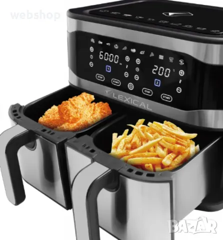 Двоен фритюрник с горещ въздух AirFryer Lexical, 2100 W, Дигитален, Две кошници 9 литра,Тouch Screen, снимка 1