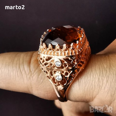 Голям сребърен 925 Пръстен с 14 к. златно и родиево покритие и Натурален Рутил!, снимка 4 - Пръстени - 42123796