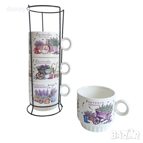 3838 Комплект керамични чаши на метална стойка lavender, снимка 3 - Чаши - 41479422