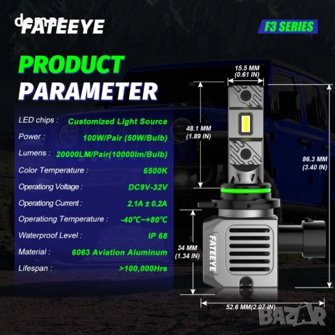 9012 hir2 LED крушки за фарове, 20000LM, 6500К, с вентилатор, IP68, 2 броя, снимка 9 - Части - 52734964