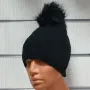 Нова зимна дамска шапка с камъчета отпред и с пух/помпон в черен цвят, снимка 2