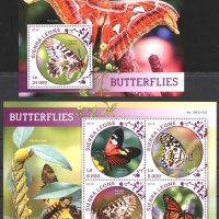 Чисти марки в малък лист и блок Фауна Пеперуди 2016  от Сиера Леоне.  Много добро състояние.     , снимка 1 - Филателия - 41401684