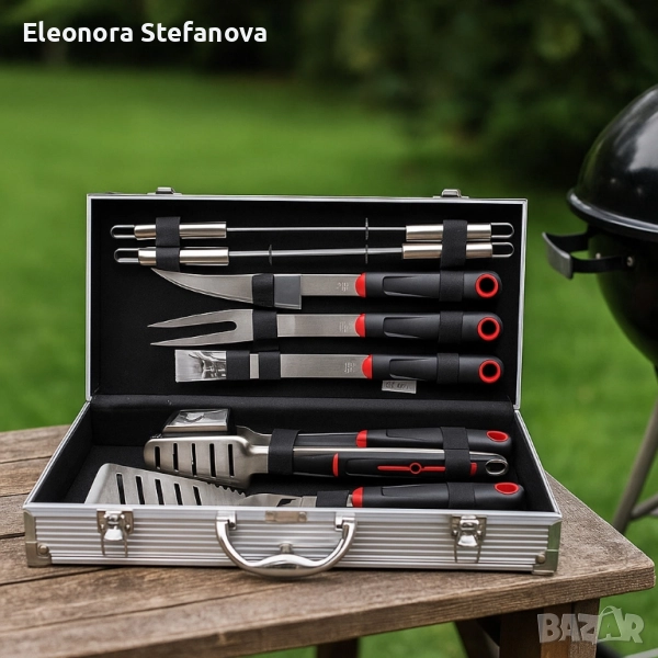 Луксозен комплект от 11 инструмента за барбекю в алуминиев куфар, снимка 1