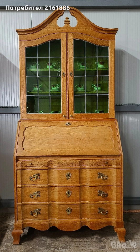 Дъбово писалище с надстройка с оловен витраж , снимка 1