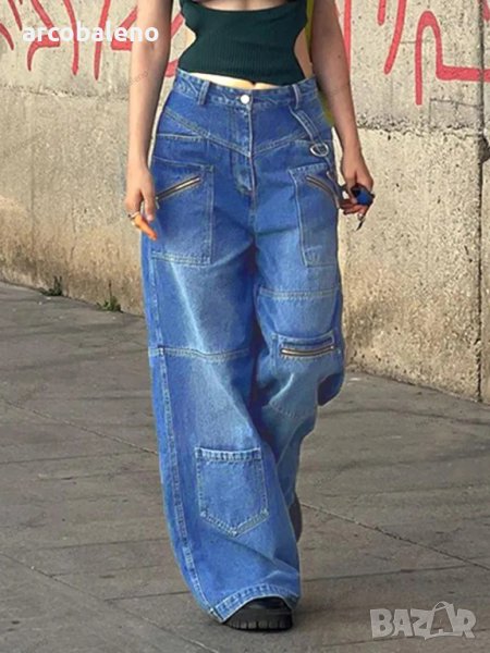 Дамски дънки с много джобове, цип, изпъстрени дънки с прави и широки крачоли , снимка 1