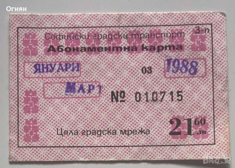 Абонаментна карта 1988 Цялата градска мрежа, снимка 1