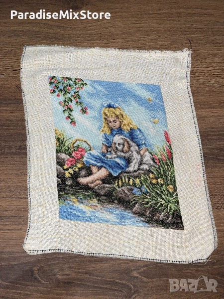 Ръчно бродиран гоблен – Момиче с куче край река (без рамка), снимка 1