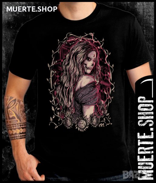 Черна тениска с щампа LA MUERTE SUNFLOWERS, снимка 1