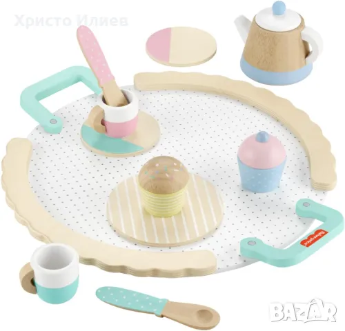 Детски дървен комплект за чай закуска Дървени кухненски играчки Fisher Price, снимка 3 - Образователни игри - 49644075