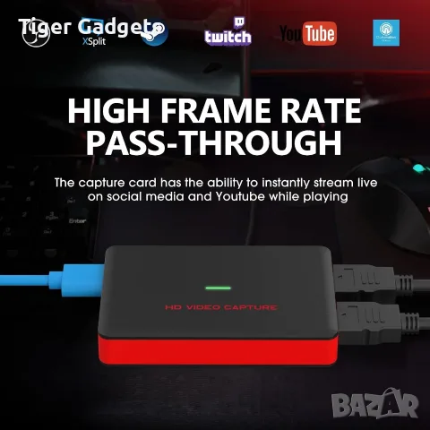 BR140 HDMI Capture Card – USB 3.0, 1080p 60FPS, HDMI Passthrough, снимка 7 - Кабели и адаптери - 56021497