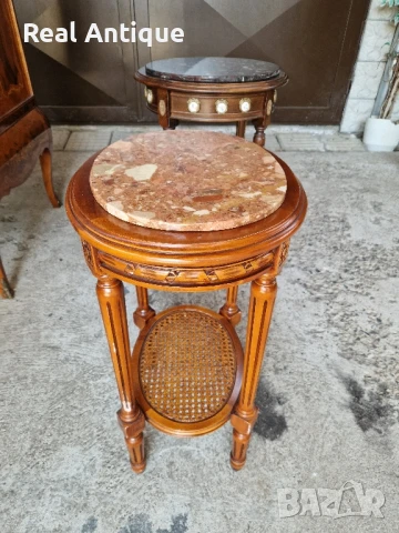 Уникална антикварна френска дървена масичка с ратан и мраморен плот, снимка 6 - Антикварни и старинни предмети - 51050573