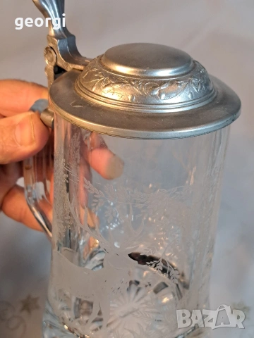 немска халба с ловни мотиви и калаен похлупак 31/3, снимка 4 - Колекции - 53724234