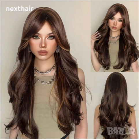 70 см чуплива тъмно кафява перука с кичури и дълъг бретон, снимка 3 - Аксесоари за коса - 52487644