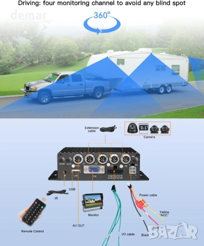 4-канален 1080P H.265 автомобилен мобилен DVR, 7-инчов VGA монитор, снимка 4 - Аксесоари и консумативи - 53390919