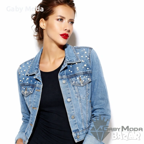 Дънково дамско яке с перли