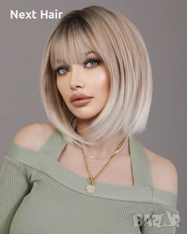 40 см пепеляво руса омбре перука с тъмни корени и светли краища с бретон