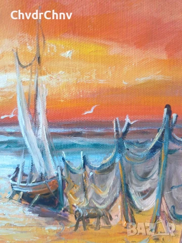 Димитър Генев 33x27см/малка българска картина масло върху платно/морски пейзаж/рибарски лодки-мрежи, снимка 3 - Картини - 51153050