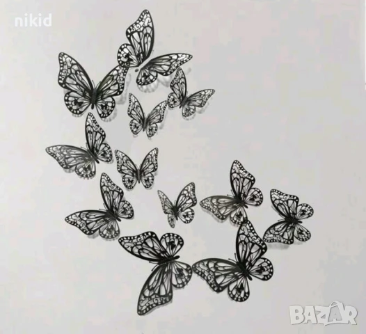 3D 12 бр pvc Черно бели самозалепващи пеперуди декорация за стена мебел торта, снимка 3 - Други - 40303566