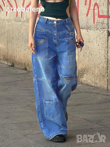 Дамски дънки с много джобове, цип, изпъстрени дънки с прави и широки крачоли , снимка 1 - Дънки - 41798485