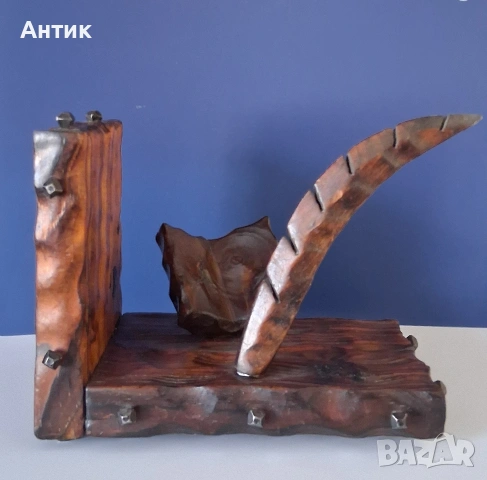 Масивен Дървен Стопер за Книги Дърворезба 