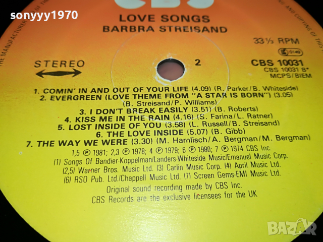 ПОРЪЧАНА-BARBRA STREISAND-LOVE SONGS-MADE IN ENGLAND 0604222052, снимка 7 - Грамофонни плочи - 36369600