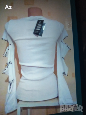 Блуза с перли и изрязани ръкави , снимка 3 - Блузи с дълъг ръкав и пуловери - 36502344