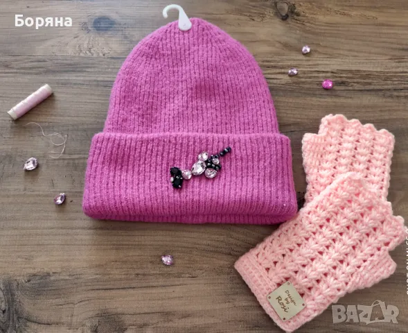 Handmade комплект шапка и ръкавици нови с етикет, снимка 3 - Шапки - 49680142