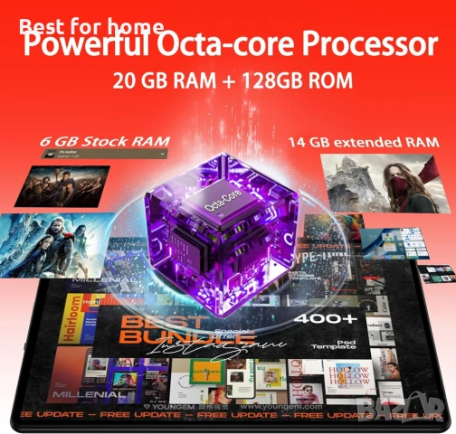 Android 14 таблет 10.1 инча, 20GB RAM 128GB ROM 1TB разширяема памет, осемядрен процесор, снимка 3 - Таблети - 53666082