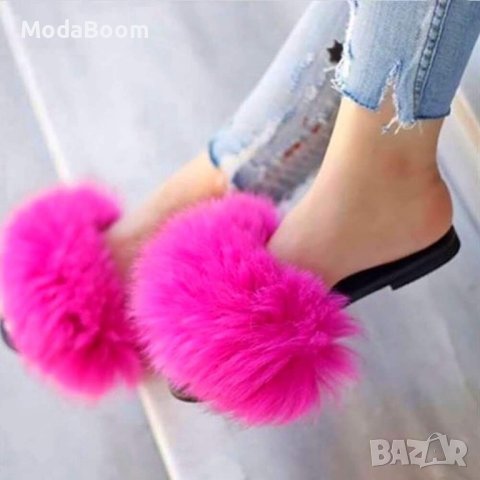 Стилни дамски чехли естествен пух 