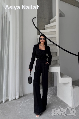 Дамски черен костюм от 3 части – сако, топ и широк панталон, снимка 8 - Костюми - 52792791